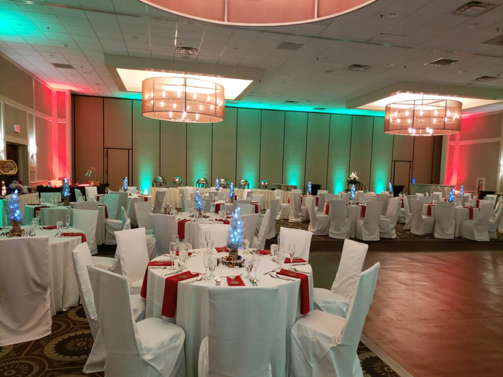Red and green christmas wedding uplighting at the central hotel & conference center - harrisburg